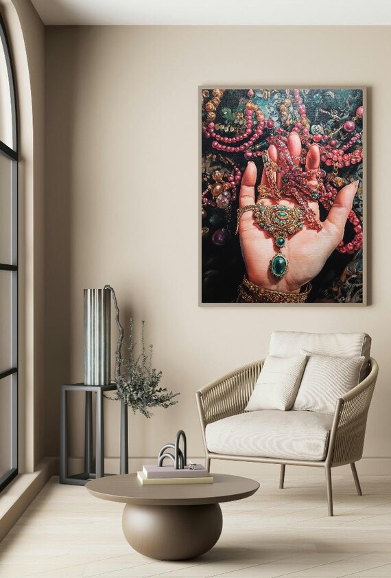 Elegant Hand Holding Jewelry Painting Beaded Necklace Vintage Art Poster
