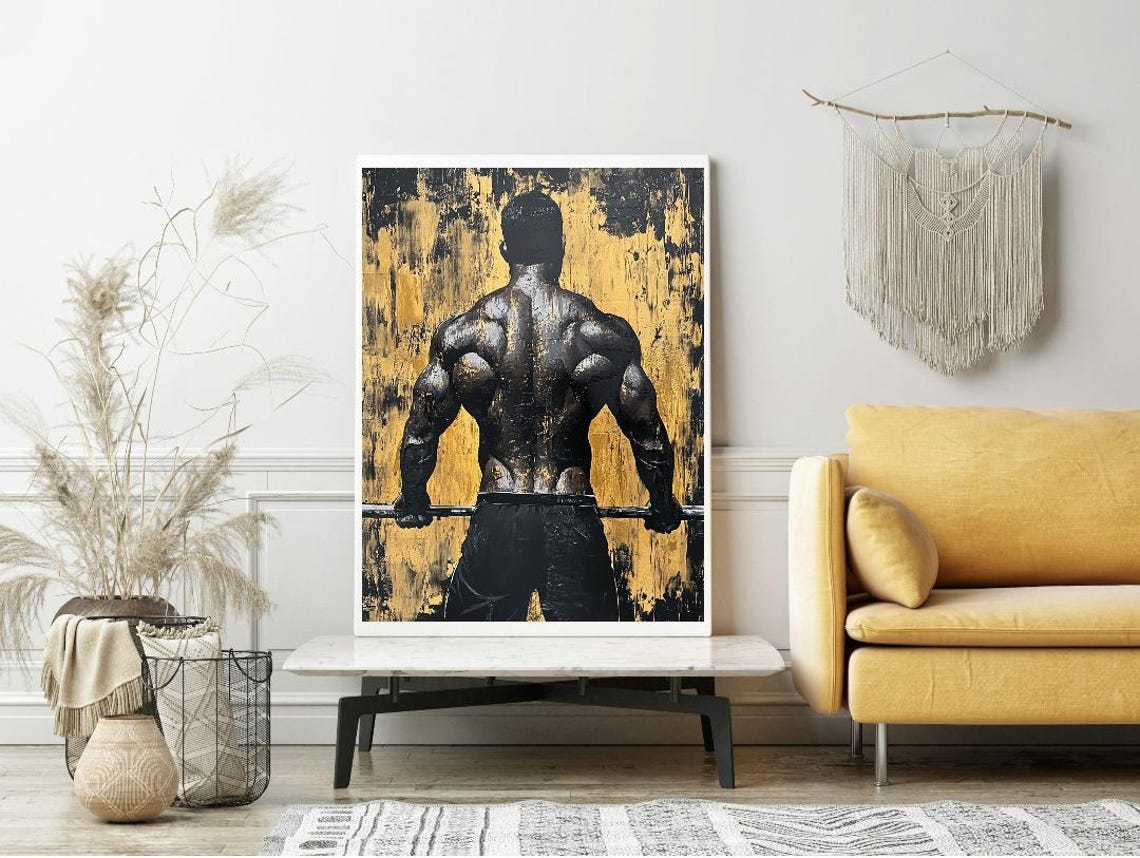 Black and Gold Bodybuilder Back Painting Muscular Gym Art Poster