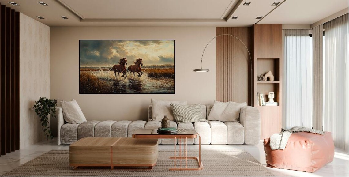 Wild Stallions Galloping Through Marsh Water at Sunset Horse Poster