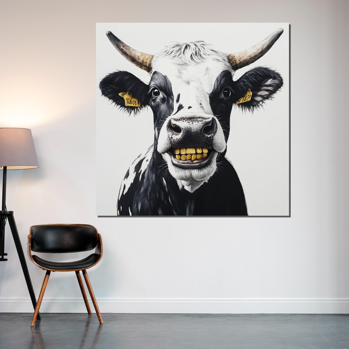 Grinning Black And White Cow With Gold Teeth Funny Farm Art Poster - Image 2