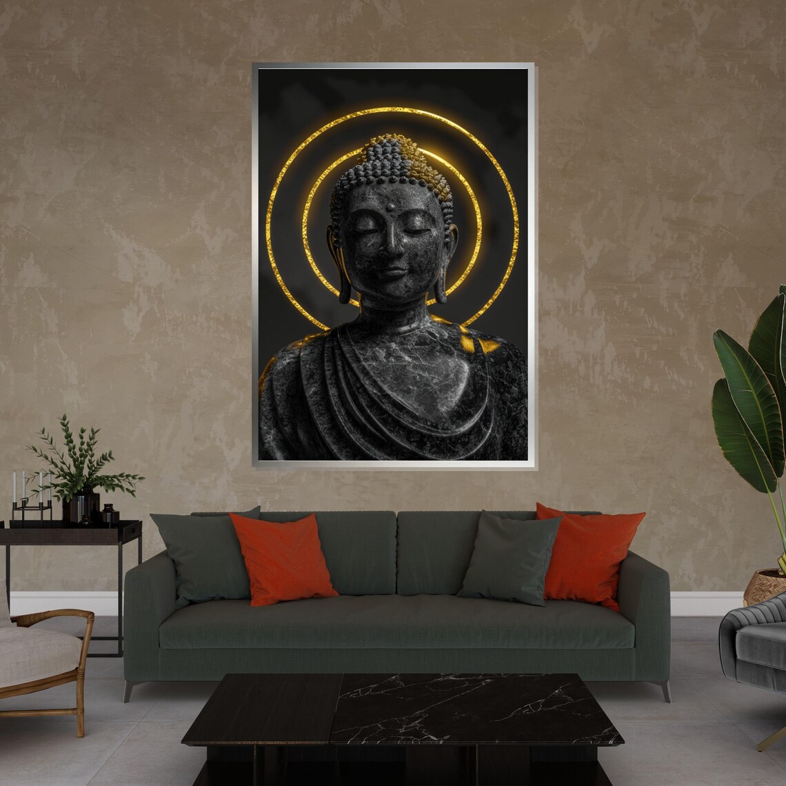 Black Buddha Bust Gold Halo Rings Luxury Meditation Poster Art - Image 4