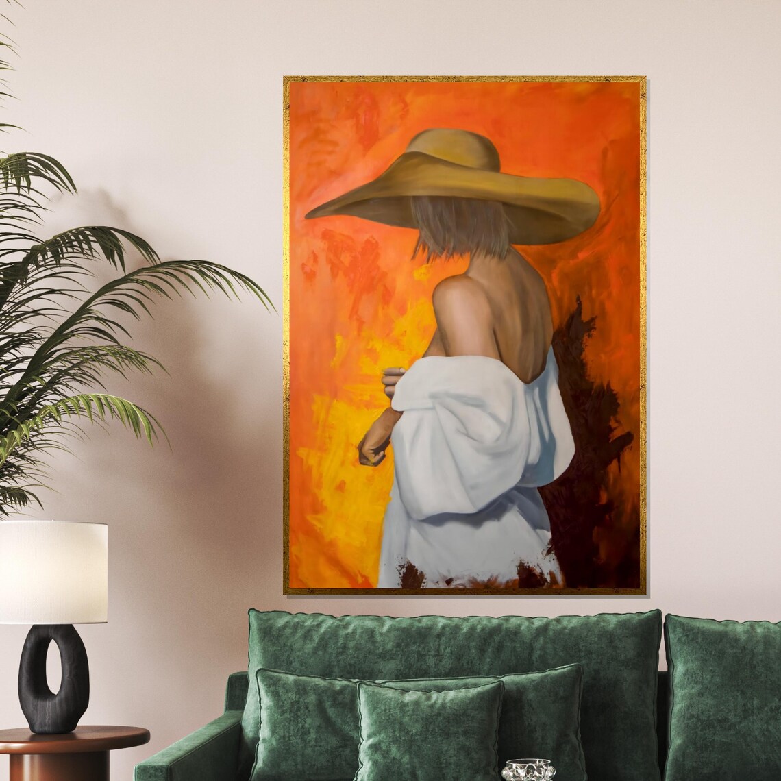 Woman In Wide Brim Hat Fiery Orange Abstract Painting Style Poster - Image 5