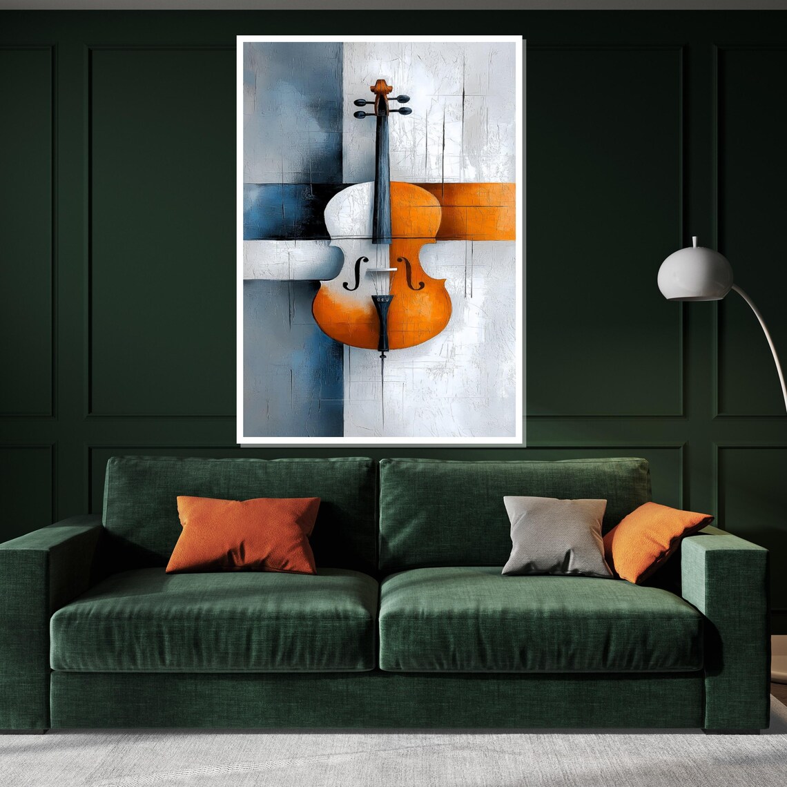 Abstract Cello Painting Blue Orange and White Modern Music Poster - Image 3