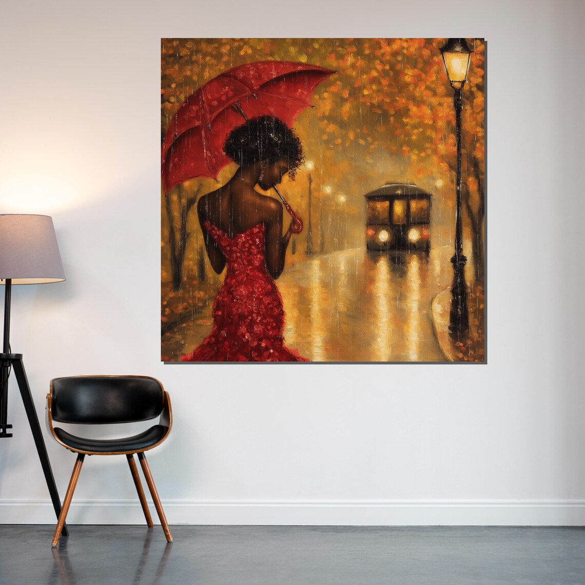 Lady In Red Dress Red Umbrella Rainy Night Street Golden Glow Poster - Image 2