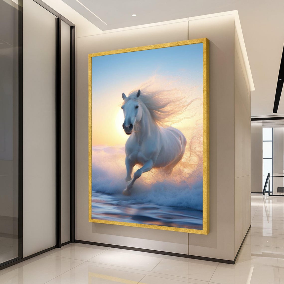 Majestic White Horse Galloping Through Ocean Waves Sunset Print