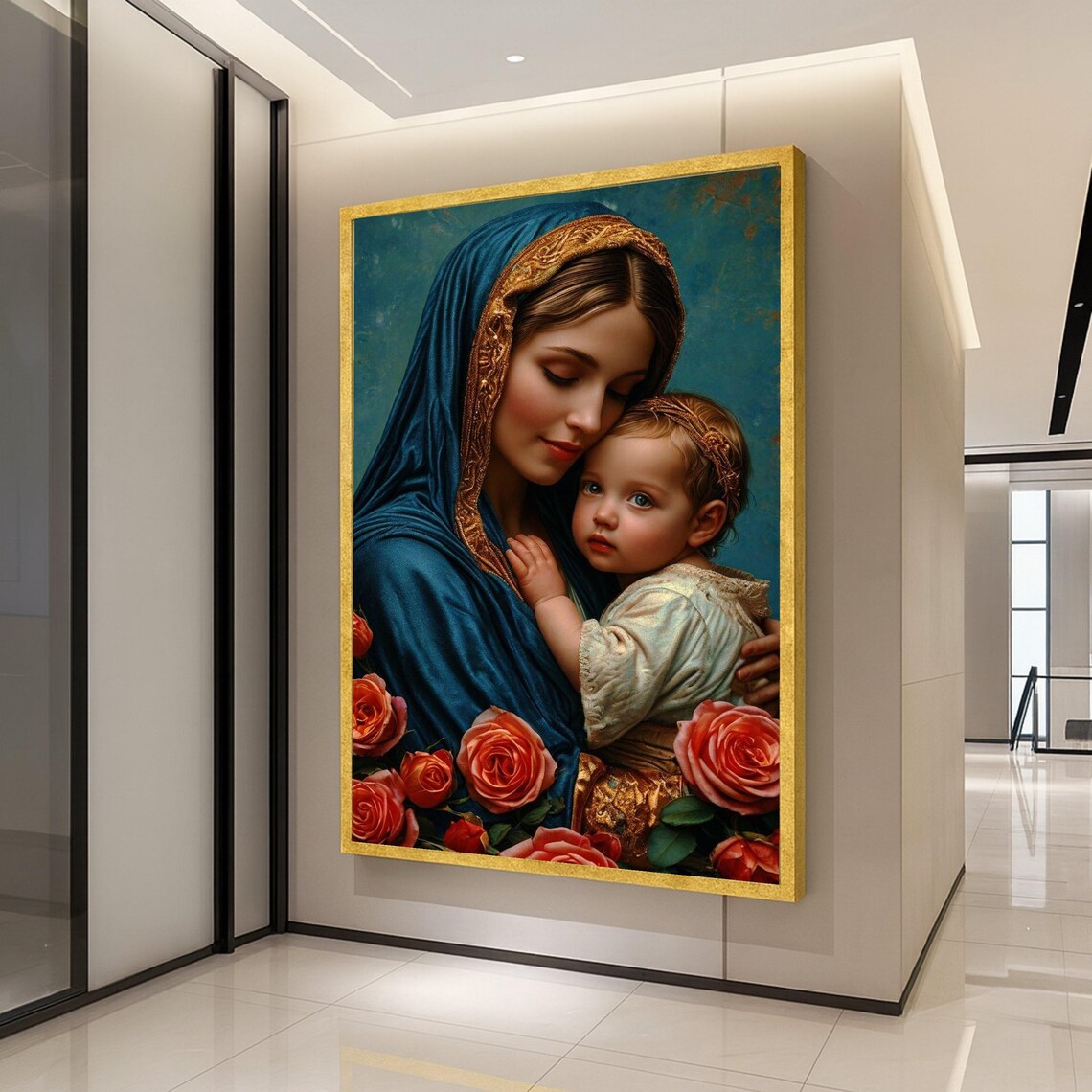 Tender Mother And Child Blue Veil Roses Classic Madonna Art Print