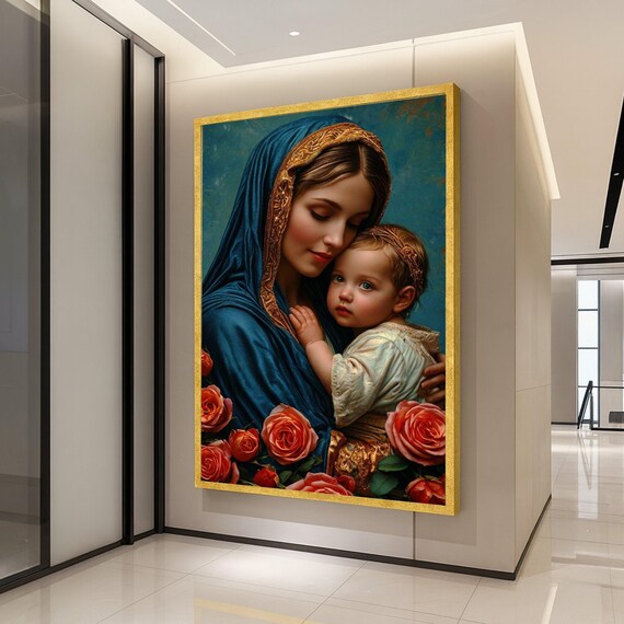 Tender Mother And Child Blue Veil Roses Classic Madonna Art Print
