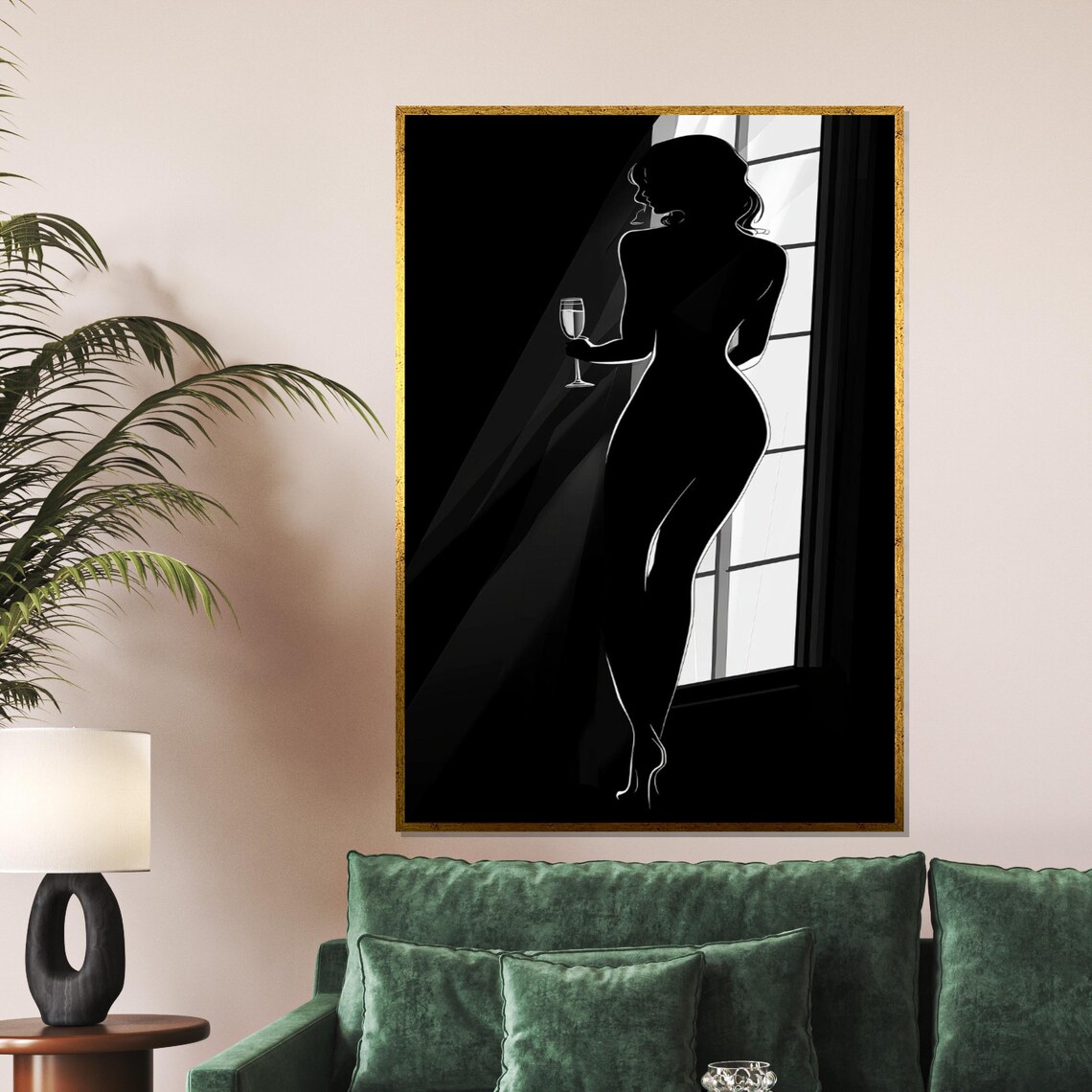 Elegant Silhouette Woman With Wine Glass By Window Noir Style Poster