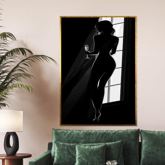 Silhouette Woman Art Elegant Figure Wall Art Black And White Design Wine Glass Lady Poster Ready To Hang Home Decor