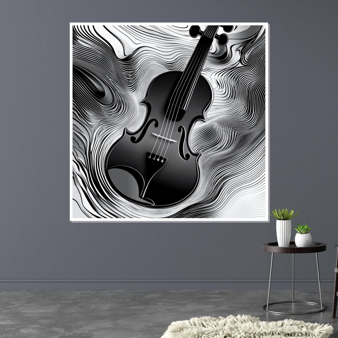 Black Violin on Swirling Monochrome Line Art Modern Music Poster - Image 3