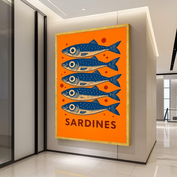 Retro Sardines Wall Art Canvas Vintage Fish Illustration Nautical Kitchen Decor Blue And Orange Home Decoration Seafood Ready To Hang