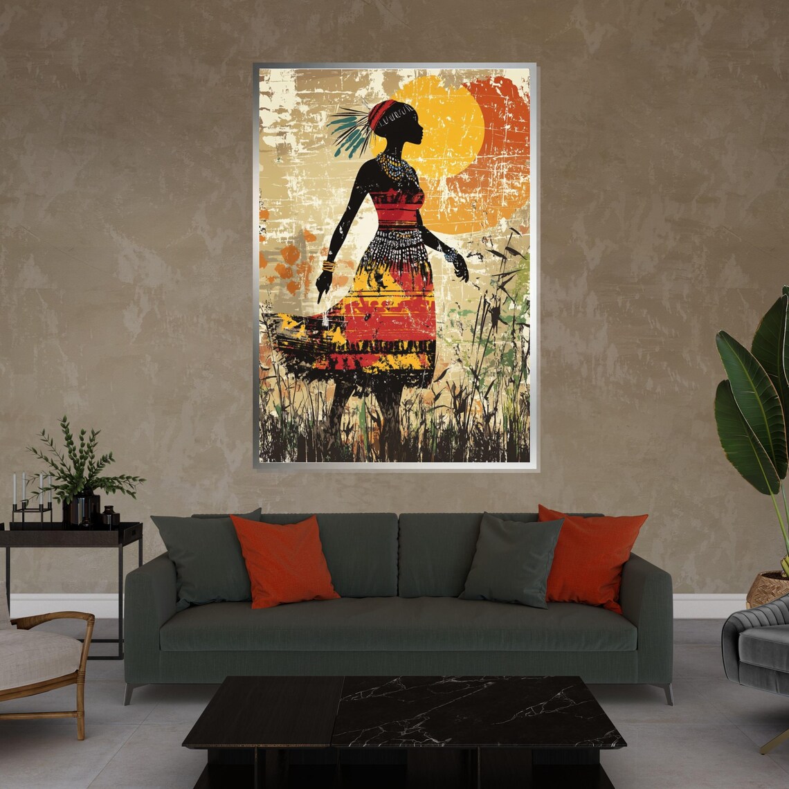 Tribal Woman Sunset Silhouette Colorful Dress Grunge Art Poster - Image 4