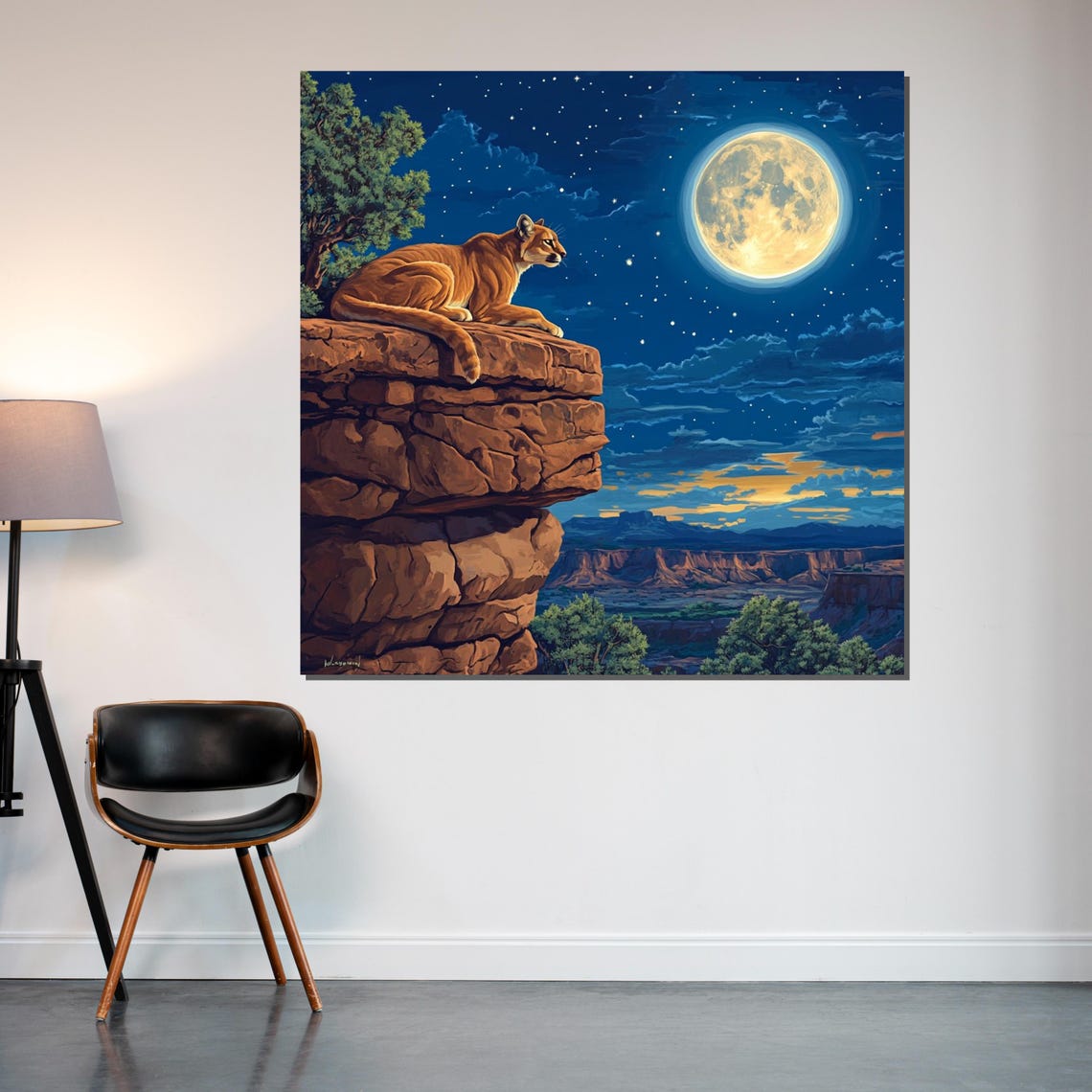 Mountain Lion On Cliff Edge Under Full Moon Night Wildlife Art Poster - Image 2