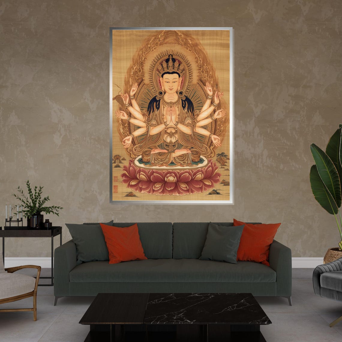 Thousand Armed Guanyin Lotus Asian Buddhist Scroll Art Poster - Image 4