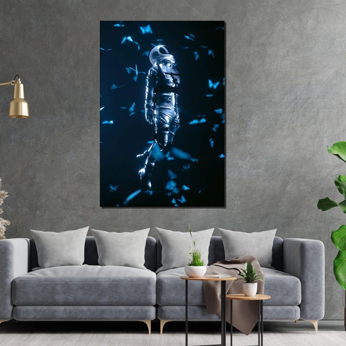 Silver Astronaut Floating Among Blue Butterflies Cosmic Dark Poster - Image 2