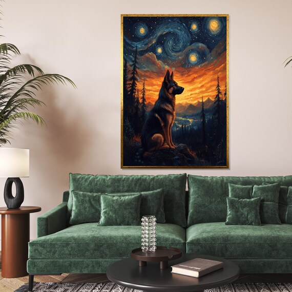 Starry Night Dog German Shepherd Art Sunset Landscape Wall Print Animal Poster Wall Art Design Ready To Hang Decor