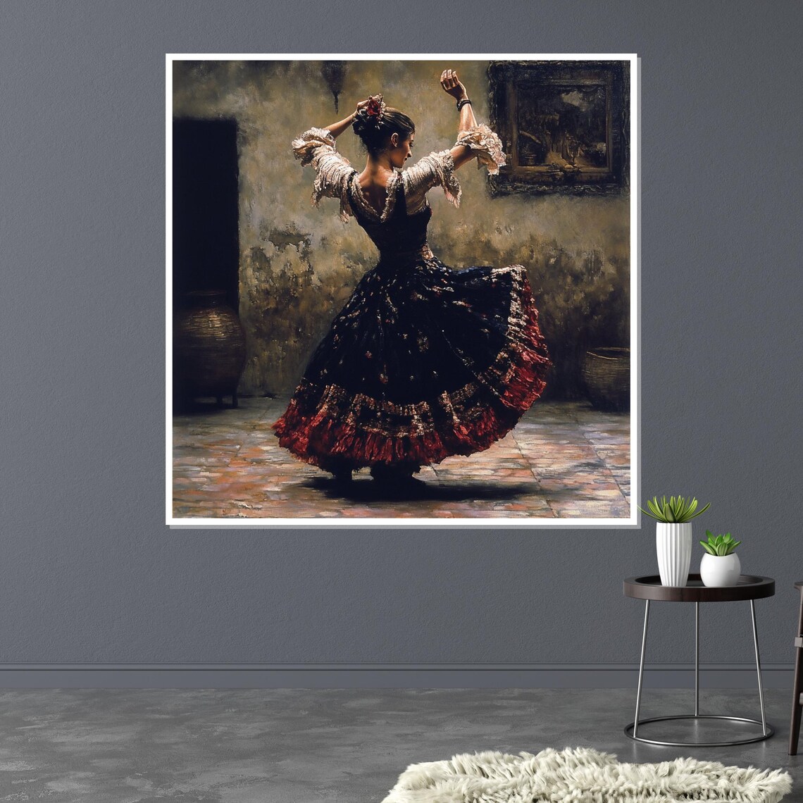 Flamenco Dancer Swirling Traditional Spanish Dress Dark Room Poster - Image 3