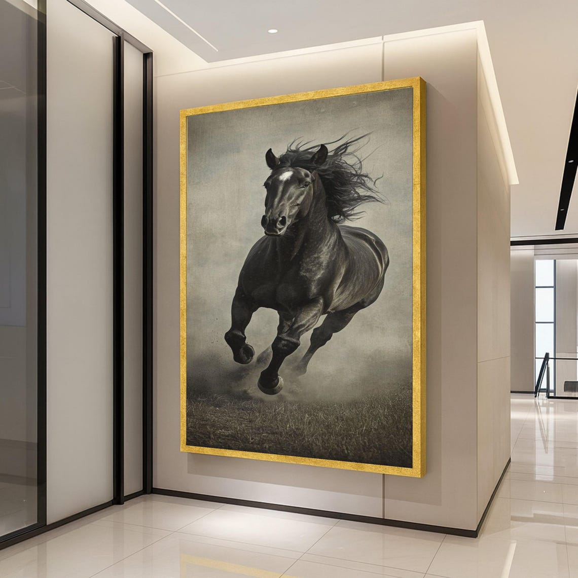 Majestic Black Stallion Galloping Through Dust Equestrian Poster