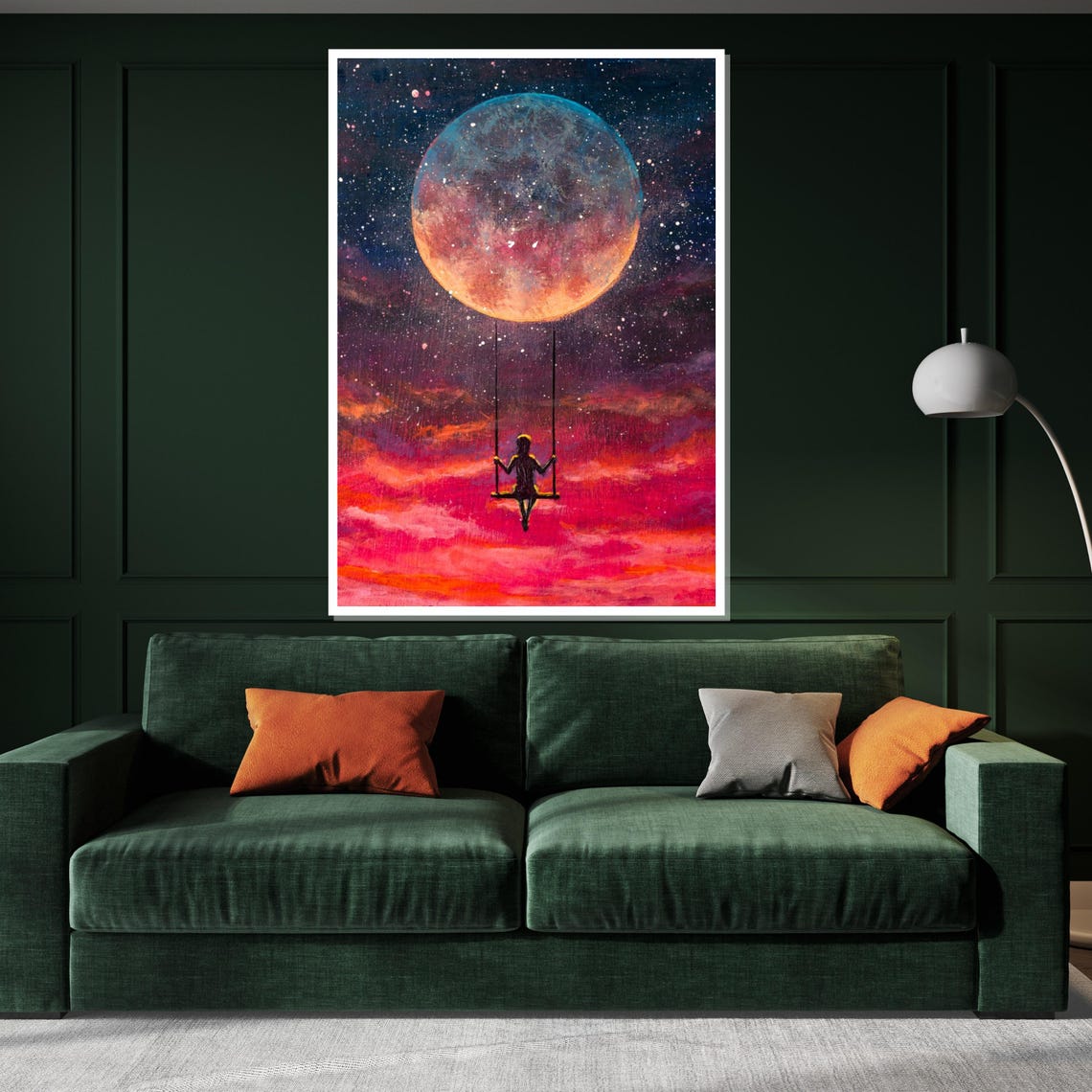 Girl On Swing Under Giant Moon Pink Clouds Dreamy Night Sky Poster - Image 3