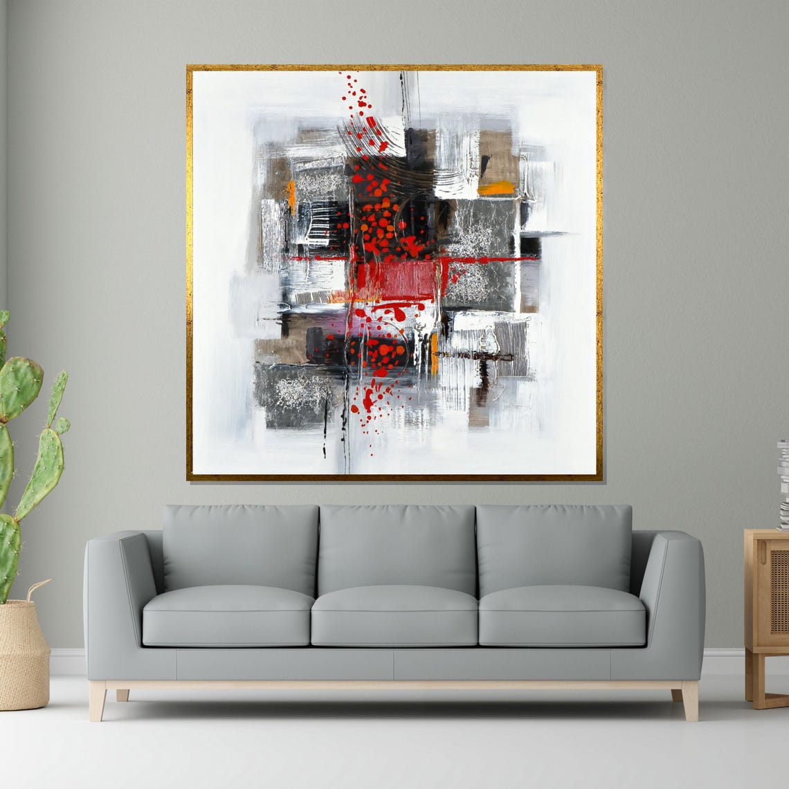 Bold Red Splash Abstract Gray Geometric Modern Minimal Art Poster