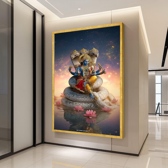 Lord Vishnu Canvas Print Hindu Wall Art With Sheshnag Spiritual Decoration Divine Decor Ready To Hang