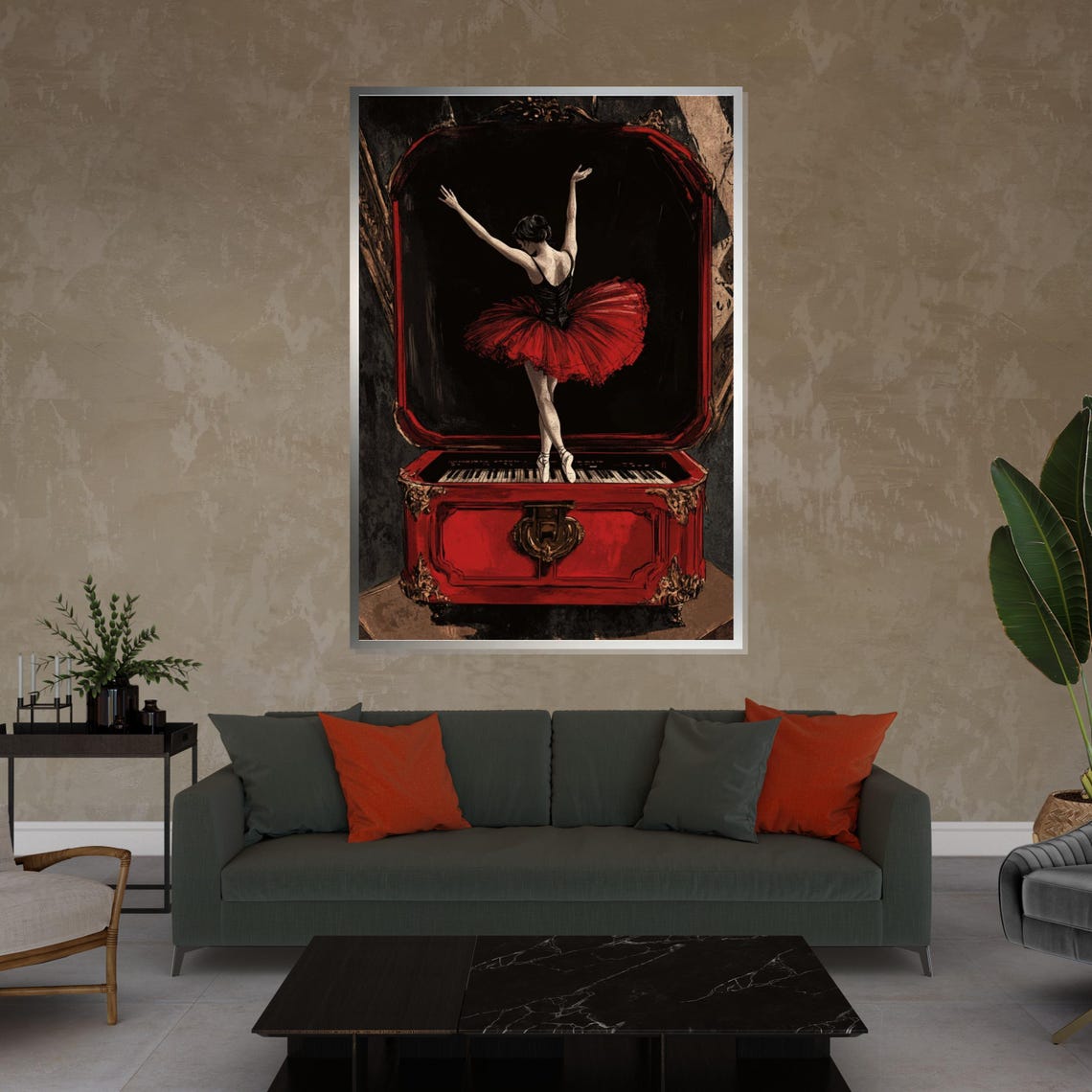 Red Tutu Ballerina Emerging from a Vintage Music Box Art Poster - Image 4