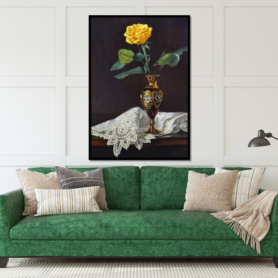 Yellow Rose In Ornate Gold Vase With Lace Classic Floral Wall Art - Image 5