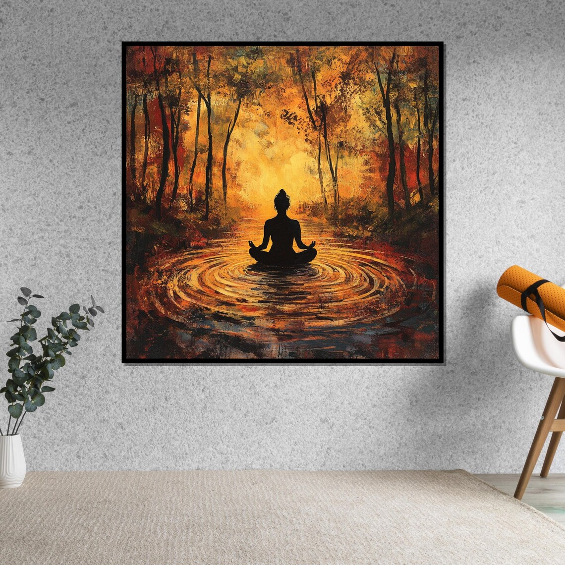 Meditating Woman Silhouette Golden Autumn Forest Lake Poster - Image 5
