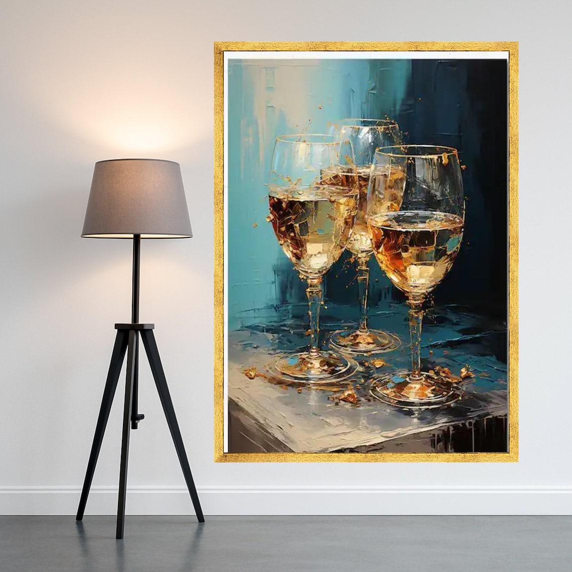 Golden Wine Glasses Abstract Still Life Painting Blue Bar Poster