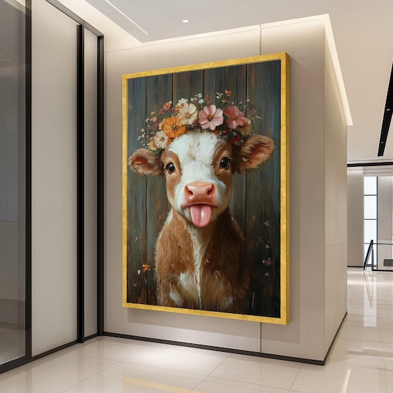 Funny Cow Canvas Print Floral Farmhouse Wall Art Rustic Decor Cute Animal Decoration Ready To Hang