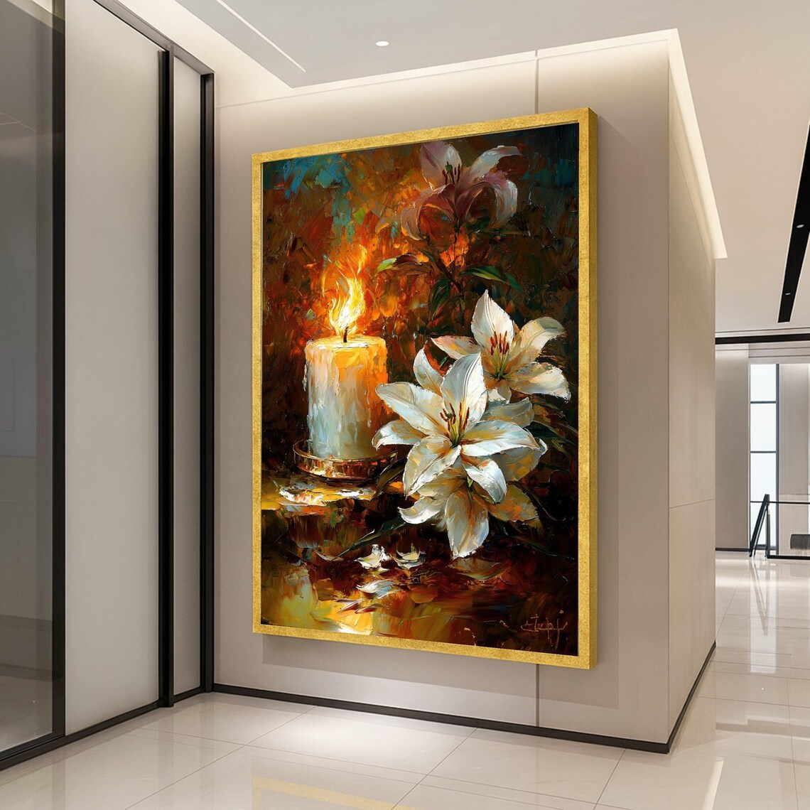 Elegant White Lilies and Candle Still Life Oil Painting Poster