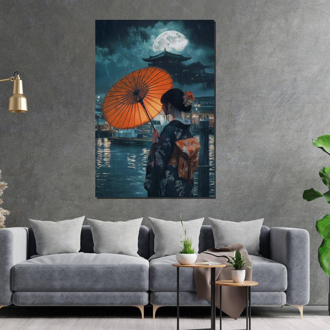 Geisha Rainy Night Full Moon Orange Parasol Temple Art Poster - Image 2