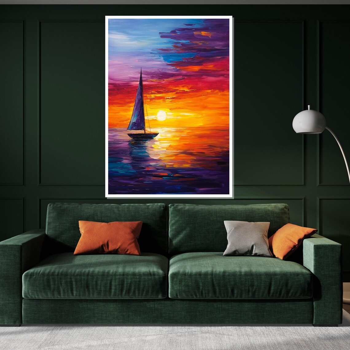 Solitary Sailboat at Vibrant Sunset Purple Orange Ocean Poster - Image 3