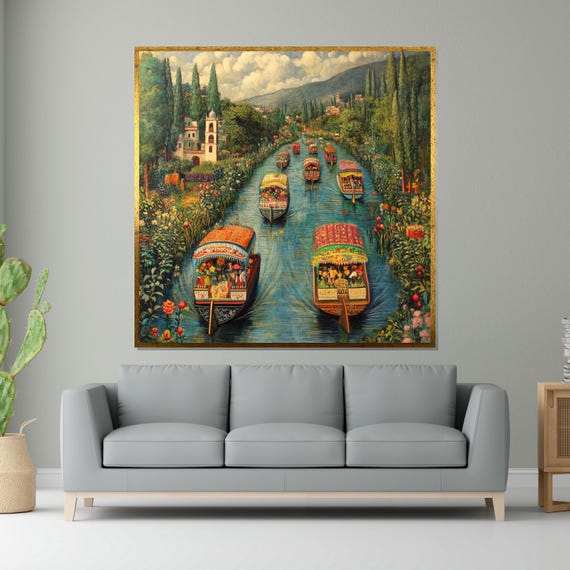 Colorful Dal Lake Boats Vibrant Canal Art Scenic Kashmir Landscape Wall Canvas Design Ready To Hang Decoration