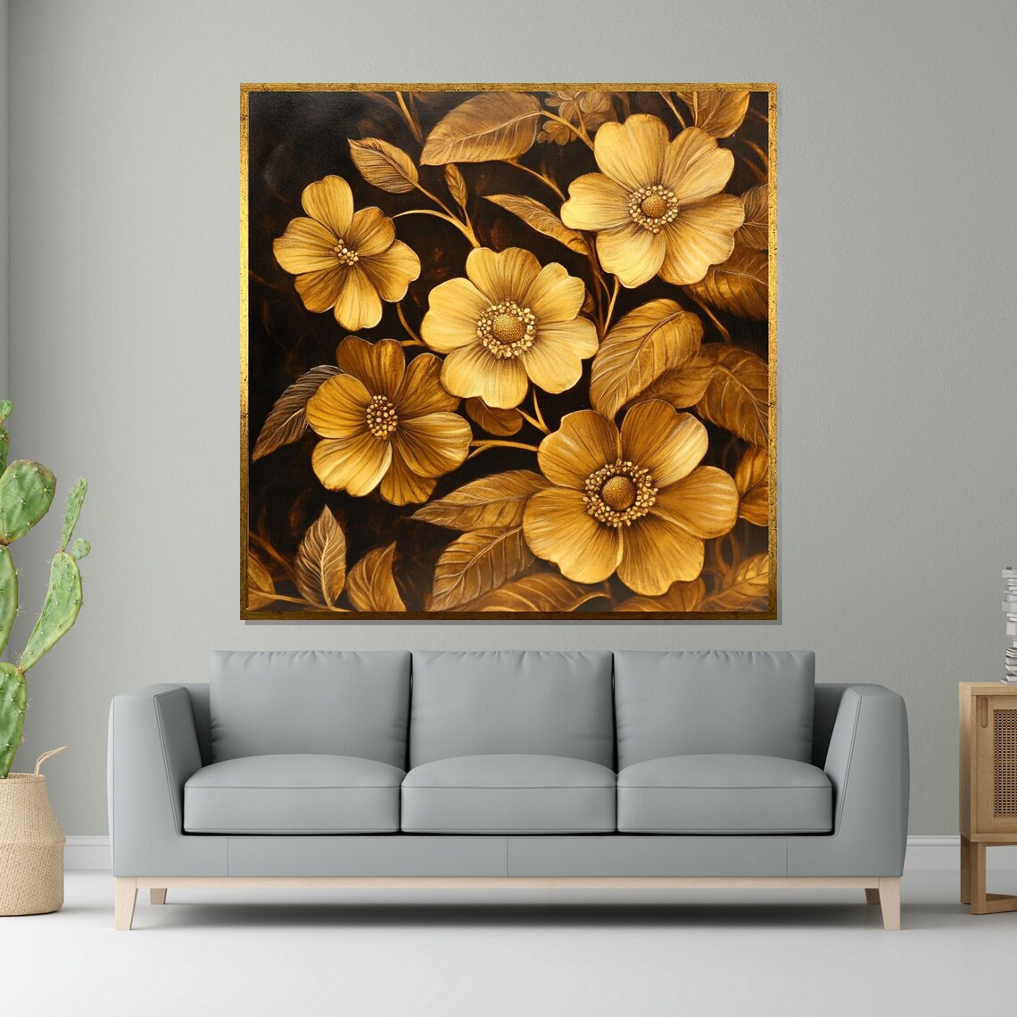 Golden Vintage Flowers Black Background Botanical Art Poster