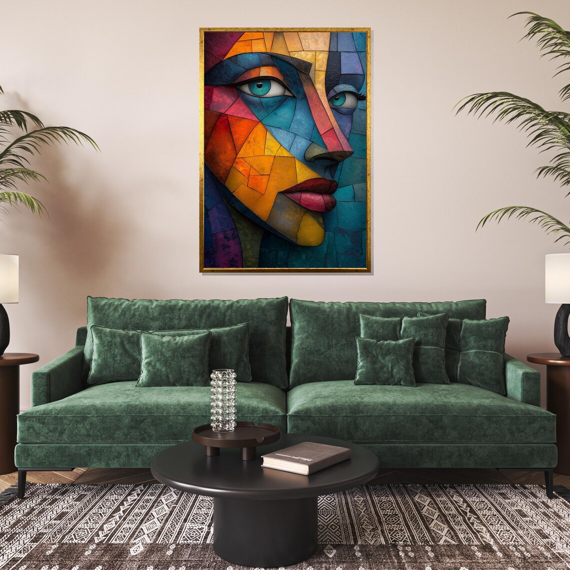 Modern Cubist Woman Face Colorful Geometric Mosaic Art Poster