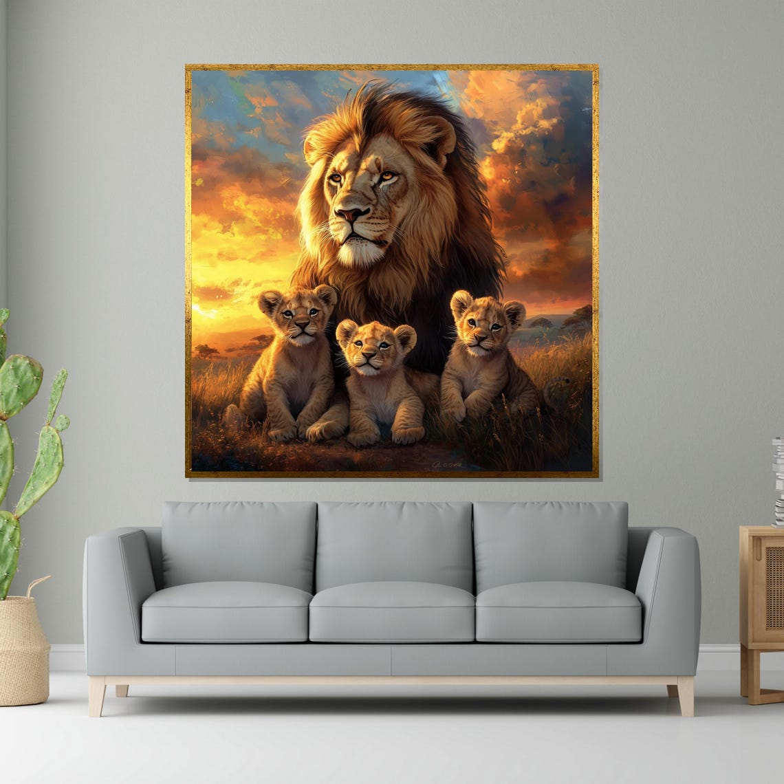 Lion Watching Over Three Cubs At Sunset Savannah Wildlife Art Poster
