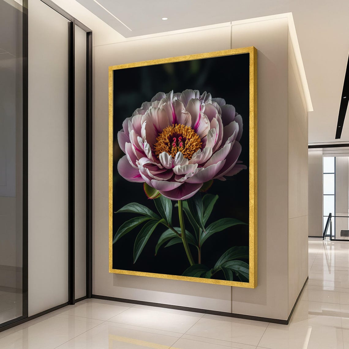 Elegant Pink Peony Bloom Closeup Dramatic Botanical Wall Art