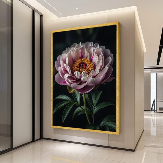 Elegant Pink Peony Bloom Closeup Dramatic Botanical Wall Art