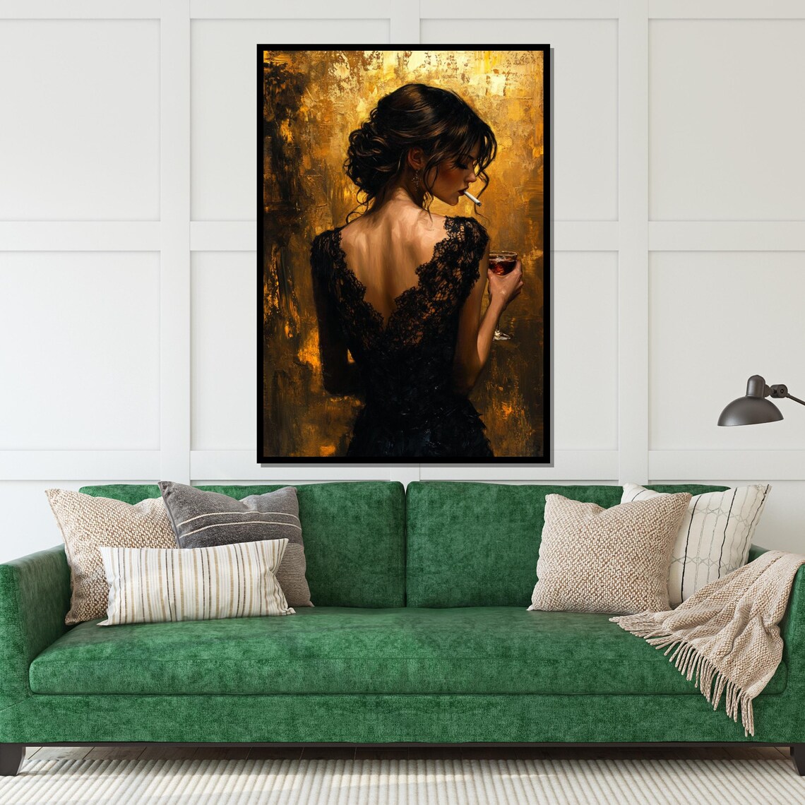 Elegant Woman In Black Lace Dress With Wine Golden Glamour Poster - Image 4