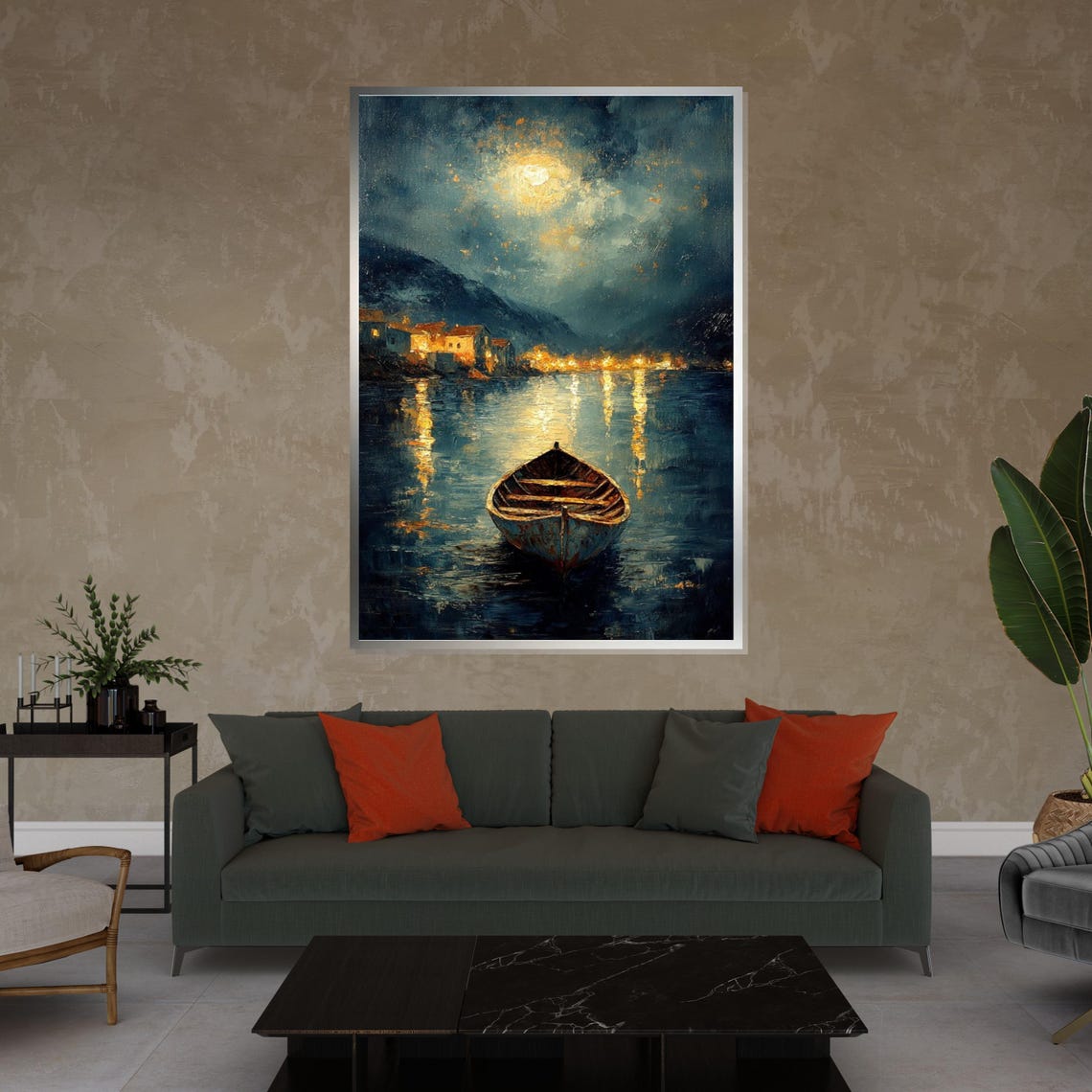 Lonely Moonlit Rowboat on Dark Lake Night Reflections Poster - Image 4