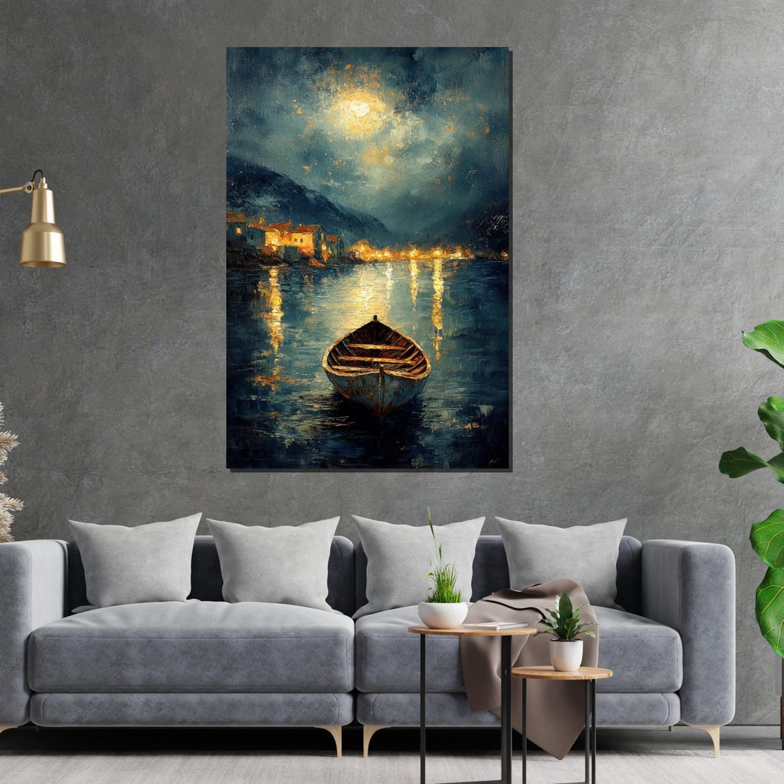 Lonely Moonlit Rowboat on Dark Lake Night Reflections Poster - Image 2
