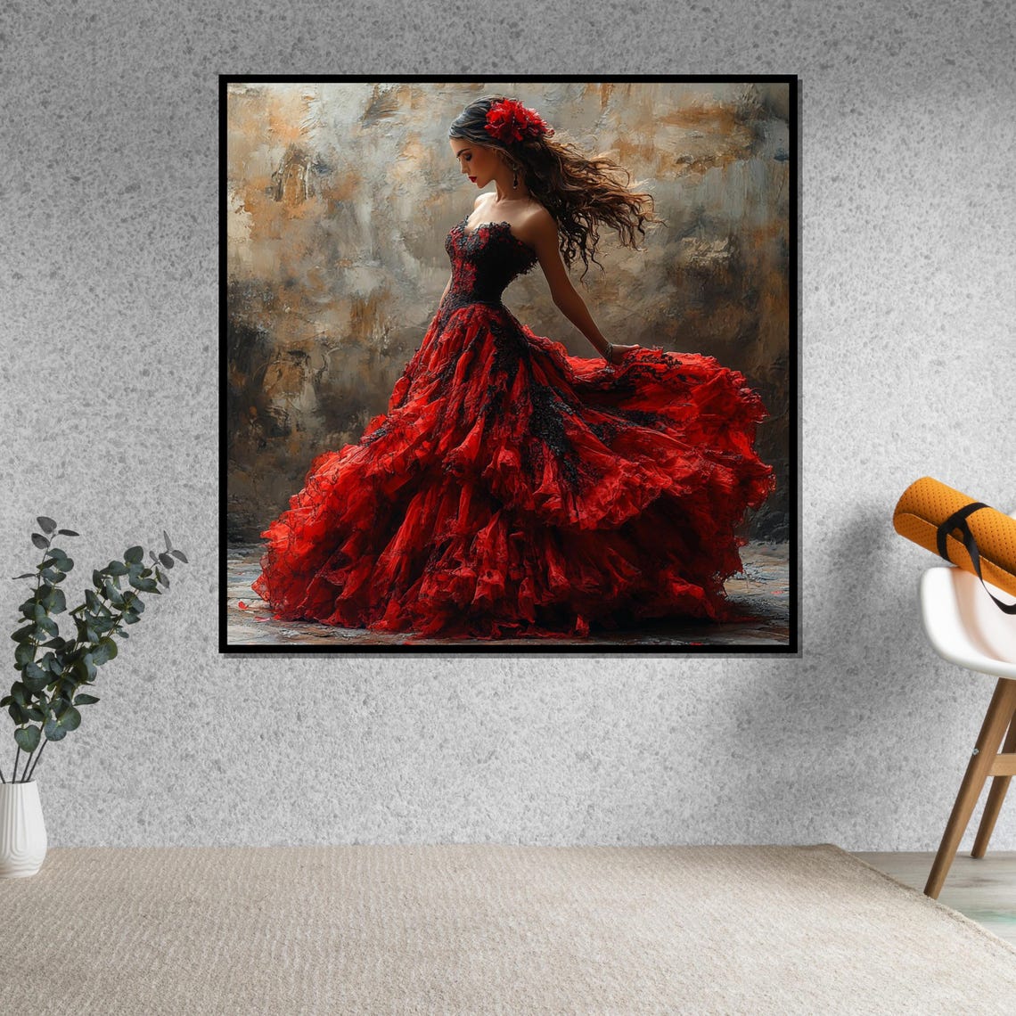 Woman in Flowing Red Ruffled Dress with Flower Dance Art Poster - Image 5