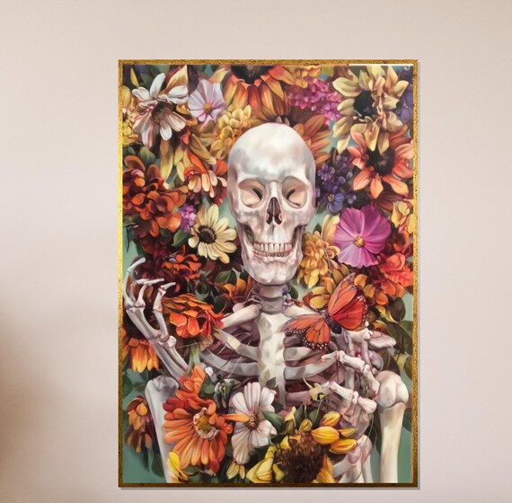 Skeleton Surrounded By Sunflowers Butterfly Floral Gothic Art Poster