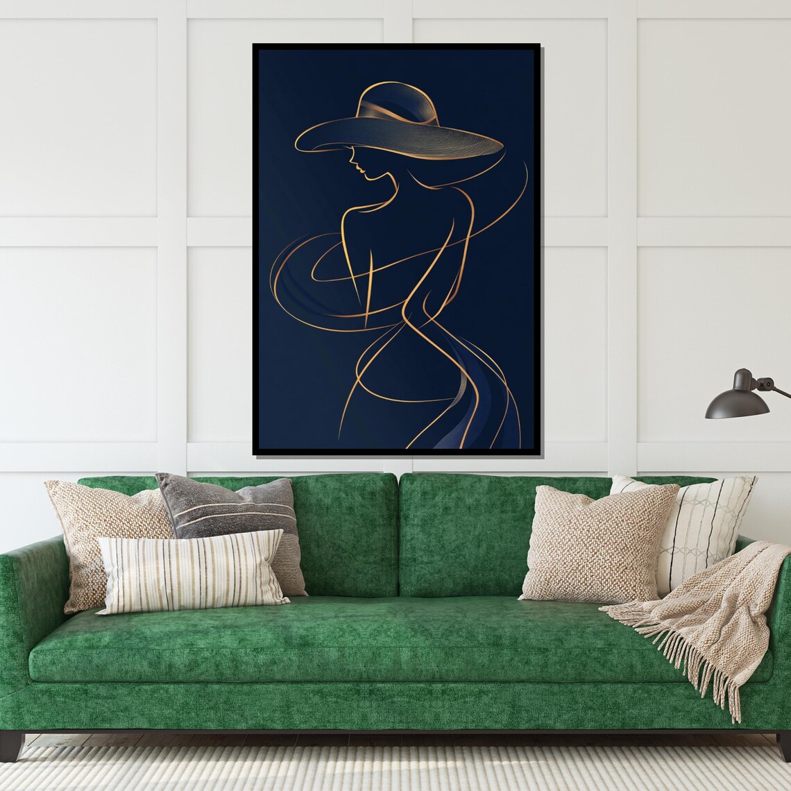 Golden Line Art Woman In Hat On Deep Navy Modern Minimal Style Poster - Image 4