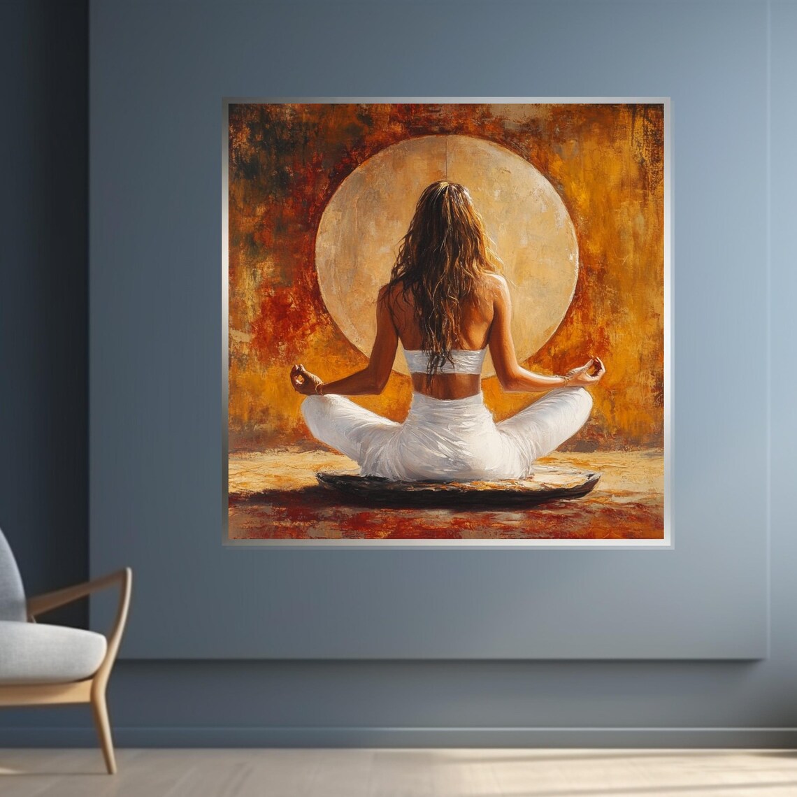 Woman Meditating Before Full Moon in Golden Light Art Poster - Image 4