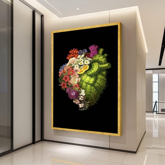 Botanical Heart Cactus Flowers Black Background Modern Artistic Wall Art