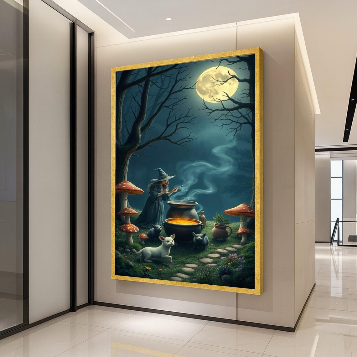 Enchanted Witch Brewing Potion Canvas Magical Night Forest Wall Art Full Moon Scene Fantasy Witchcraft Decor Halloween Ready To Hang