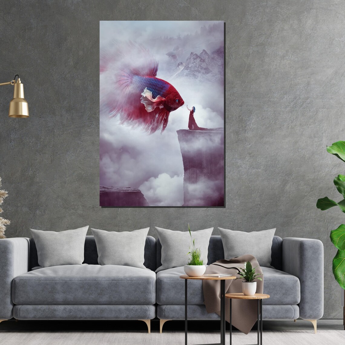 Giant Betta Fish And Woman On Cloud Cliff Surreal Fantasy Poster - Image 2
