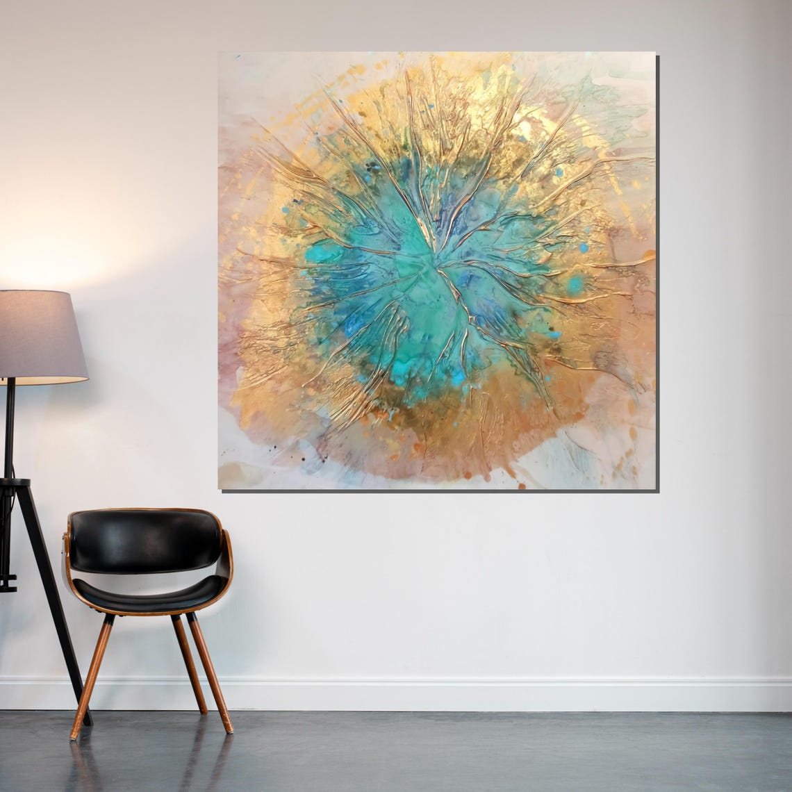 Turquoise Gold Burst Abstract Splash Fluid Watercolor Art Poster - Image 2